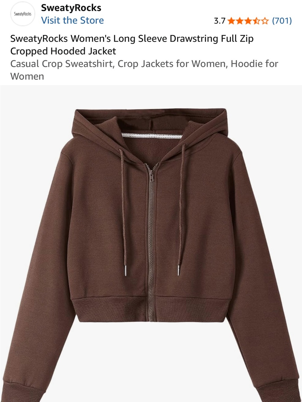SweatyRocks Brown Cropped Full-Zip Hoodie